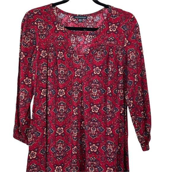 American Eagle XS Red Boho Floral Puff Sleeve Mini Dress - Picture 2 of 12